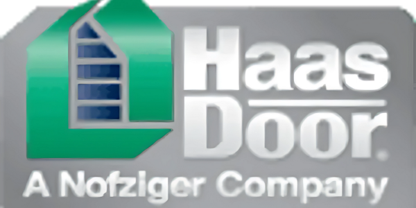 Logo for Haas Door, a Nofziger Company, with a green and blue house graphic.
