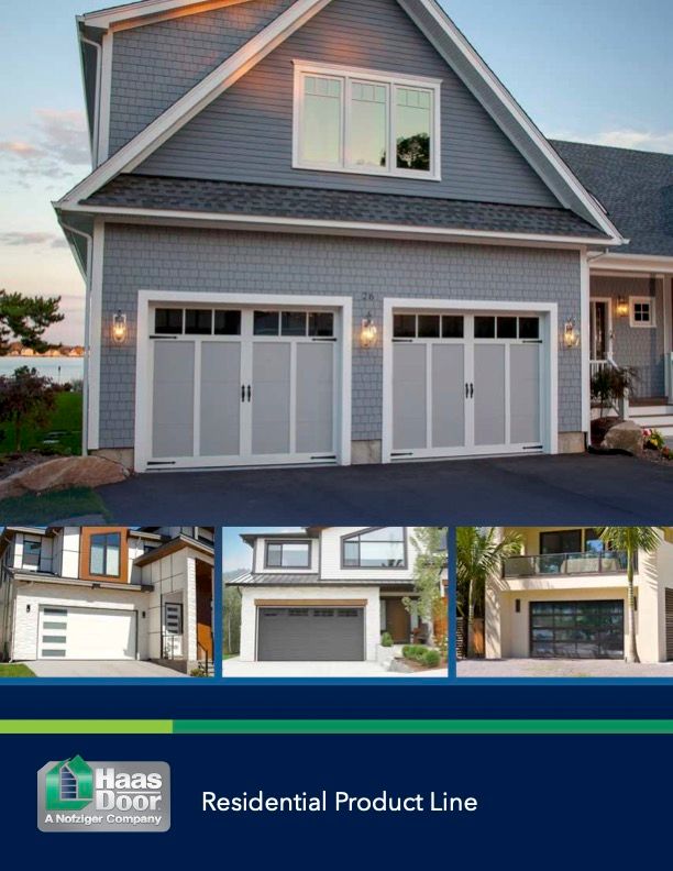 Haas Door Company brochure featuring multiple styles of garage doors on different houses.