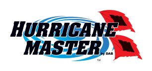 Hurricane Master logo by DAB, featuring the brand name in black with a blue swirl and two red hurricane flags.