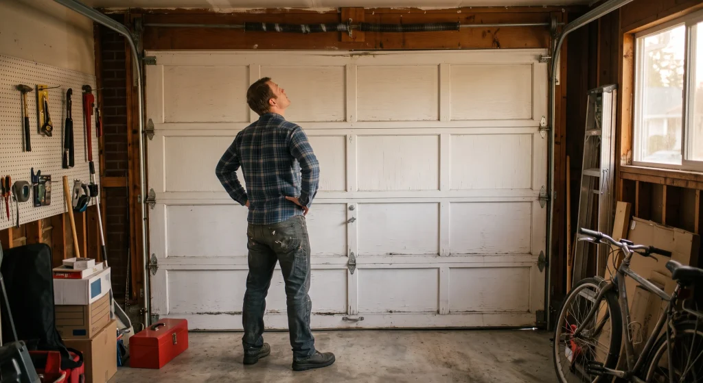 generate image of home owner have a problem because of his garage door 